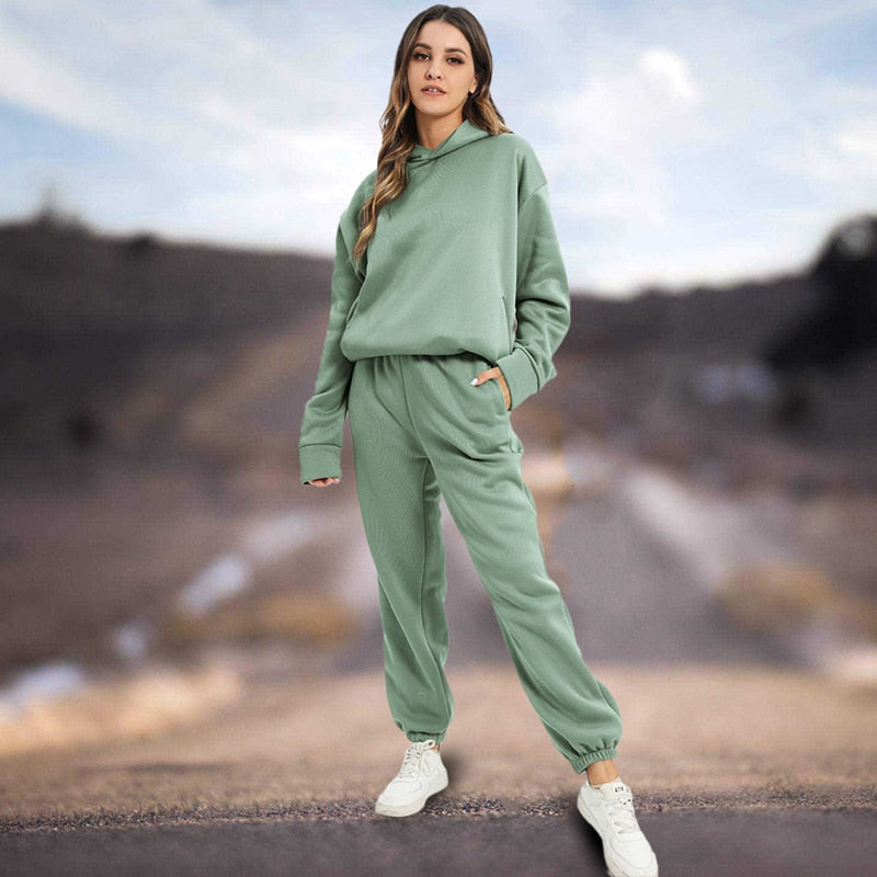 Women Tracksuit Casual Fitness Hooded Long Sleeve Sport Suit Autumn Winter Warm Hoodie Sweatshirts Long Pant Fleece 2 Piece Sets